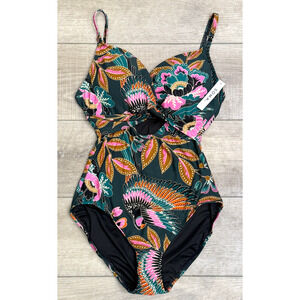 NWT SOMA PARROT-ISE LUSH EMERALD TWISTED FRONT KEYHOLE ONE PIECE SWIMSUIT SZ 10